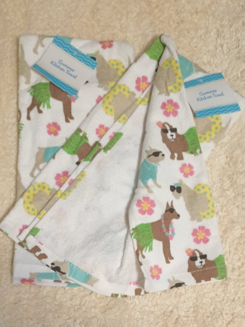 NWT ~ A Pair of Summer Beach "Pawty" Dog Themed Kitchen Towels, 16" x 26" each - Picture 2 of 8